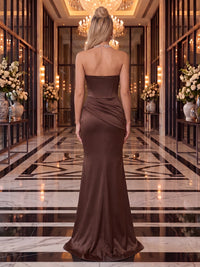 Satin Evening Dresses Sheath/Mermaid Strapless Sleeveless Floor Length Ruched for Formal Gala