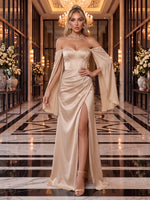 Satin Evening Dresses Sheath/Mermaid Off the Shoulder Bell Sleeves Floor Length Ruched Corset with Slit for Gala