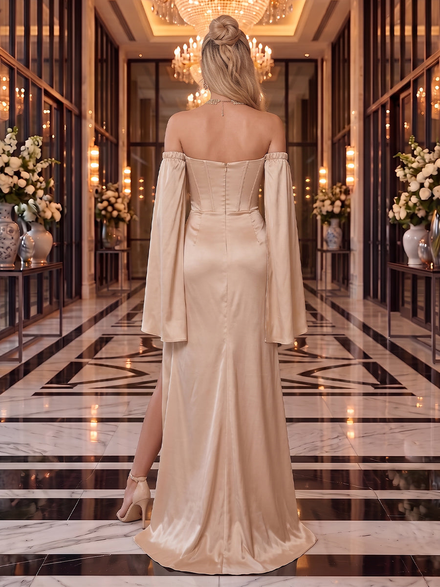 Satin Evening Dresses Sheath/Mermaid Off the Shoulder Bell Sleeves Floor Length Ruched Corset with Slit for Gala