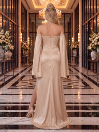Satin Evening Dresses Sheath/Mermaid Off the Shoulder Bell Sleeves Floor Length Ruched Corset with Slit for Gala
