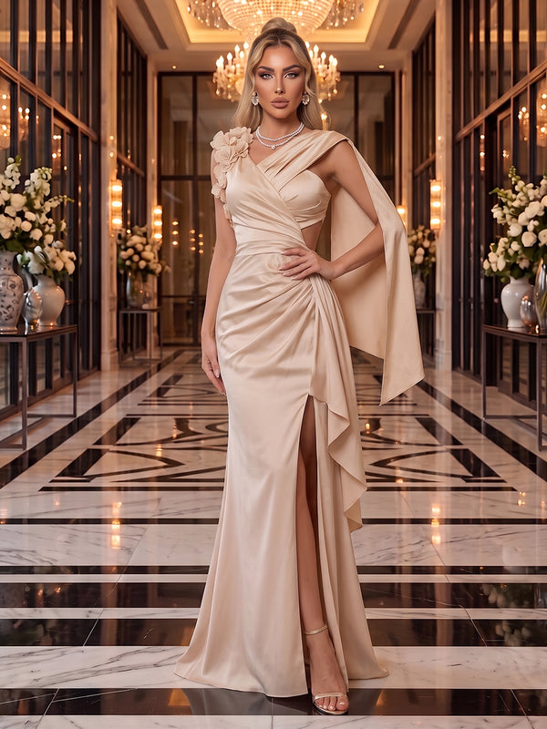 Satin Evening Dresses Mermaid/Sheath Asymmetrical Sleeveless Floor Length Ruched Ruffles Formal Dresses
