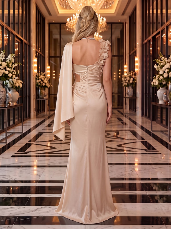 Satin Evening Dresses Mermaid/Sheath Asymmetrical Sleeveless Floor Length Ruched Ruffles Formal Dresses