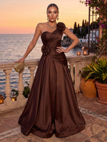 3D Flowers Satin Evening Dresses A Line One Shoulder Sleeveless Floor Length Ruched Formal