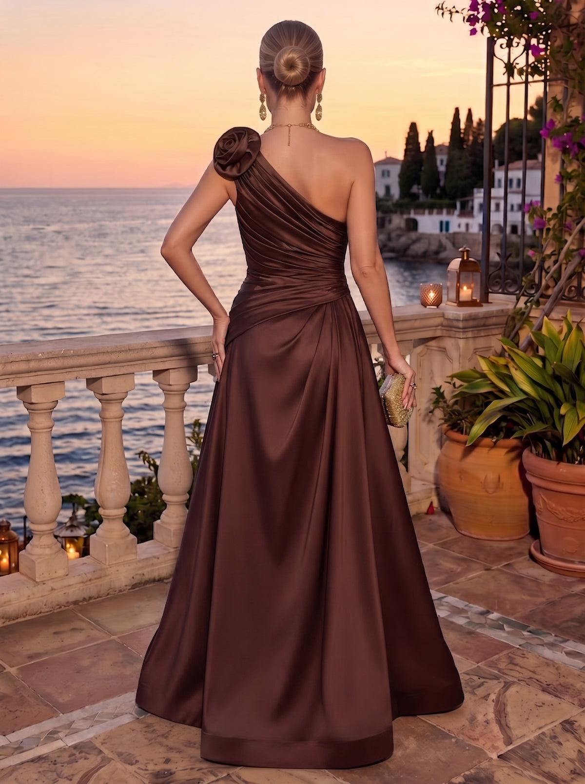 3D Flowers Satin Evening Dresses A Line One Shoulder Sleeveless Floor Length Ruched Formal