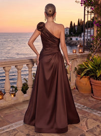 3D Flowers Satin Evening Dresses A Line One Shoulder Sleeveless Floor Length Ruched Formal