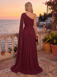 Chiffon Evening Dresses A Line One Shoulder Cape Sleeves Floor Length Ruched Ruffles for Party Formal
