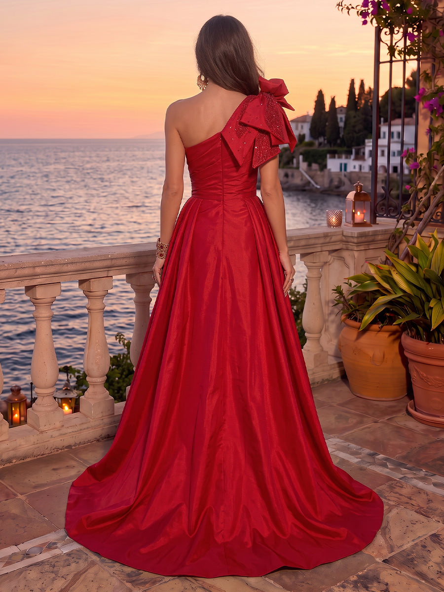 Satin Evening Dresses Sheath/Mermaid One Shoulder Sleeveless Floor Length Pleated Slit with Bow for Gala Formal Party
