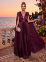 Pleated Chiffon Evening Dresses A Line V Neck Sleeveless Floor Length with Cape for Gala Formal