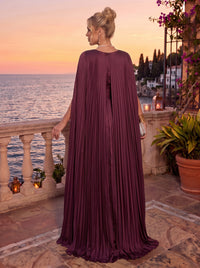 Pleated Chiffon Evening Dresses A Line V Neck Sleeveless Floor Length with Cape for Gala Formal