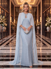 Sequin Evening Dresses Sheath/Mermaid SCoop Sleeveless Floor Length with Cape for Gala Formal