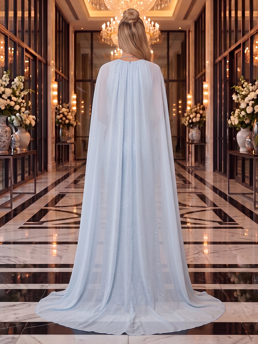 Sequin Evening Dresses Sheath/Mermaid SCoop Sleeveless Floor Length with Cape for Gala Formal