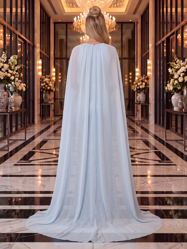 Sequin Evening Dresses Sheath/Mermaid SCoop Sleeveless Floor Length with Cape for Gala Formal