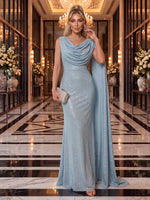 Sequin Evening Dresses Mermaid/Sheath Cowl Neck Sleeveless Floor Length Ruched with Cape for Party Formal