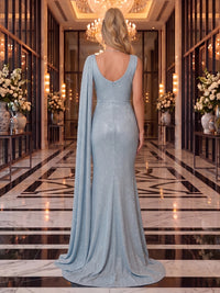 Sequin Evening Dresses Mermaid/Sheath Cowl Neck Sleeveless Floor Length Ruched with Cape for Party Formal