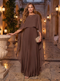 Pleated Chiffon Evening Dresses A Line Scoop Neck Sleeveless Floor Length with Cape for Gala Formal Party