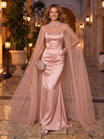 Satin Evening Dresses Sheath Strapless Sleeveless Floor Length with Cape for Gala Formal