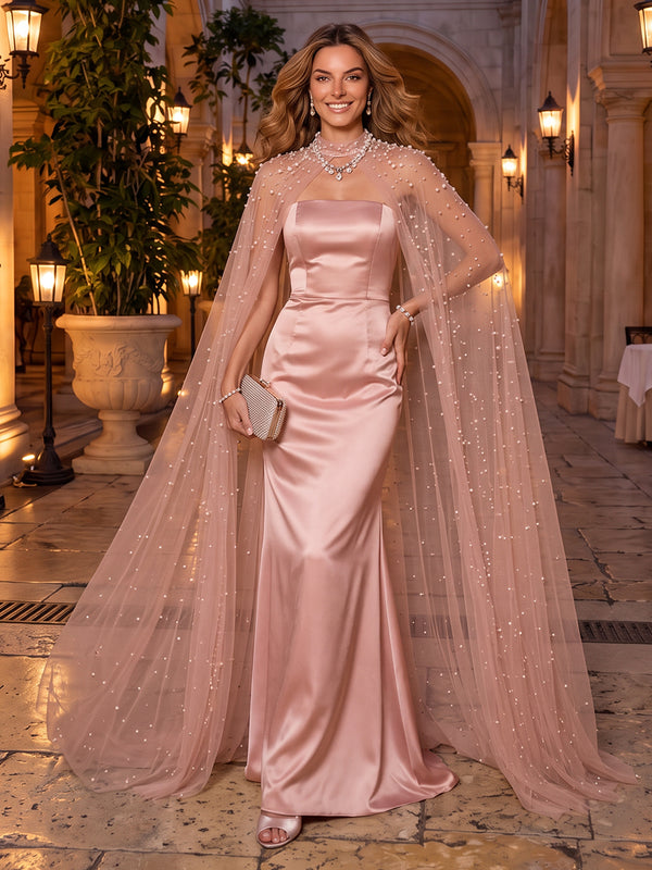 Satin Evening Dresses Sheath Strapless Sleeveless Floor Length with Cape for Gala Formal