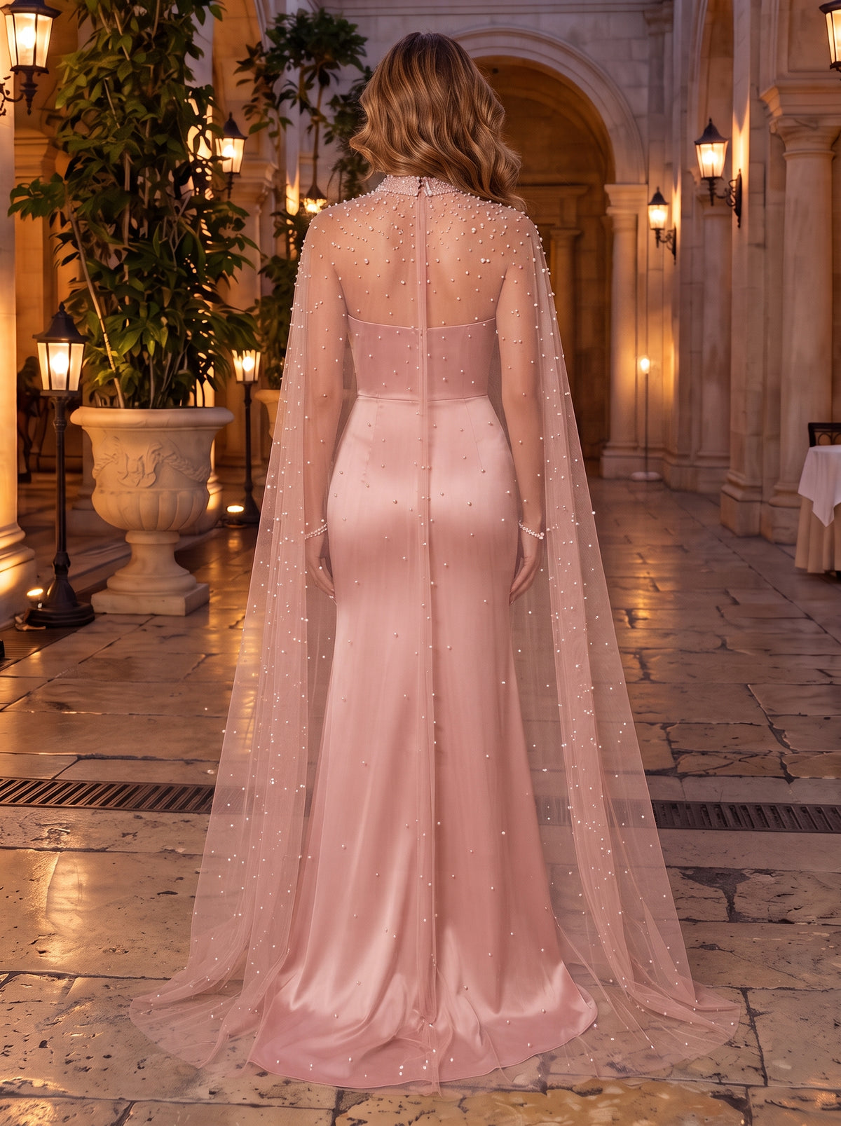 Satin Evening Dresses Sheath Strapless Sleeveless Floor Length with Cape for Gala Formal