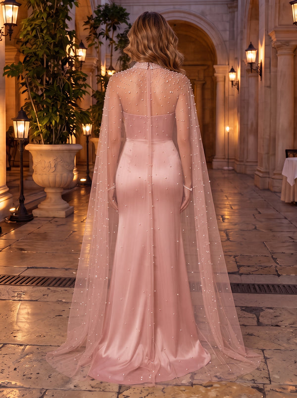 Satin Evening Dresses Sheath Strapless Sleeveless Floor Length with Cape for Gala Formal