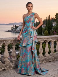 Jacquard Evening Dresses Sheath/Mermaid One Shoulder Sleeveless Floor Length Ruffles for Formal Gala