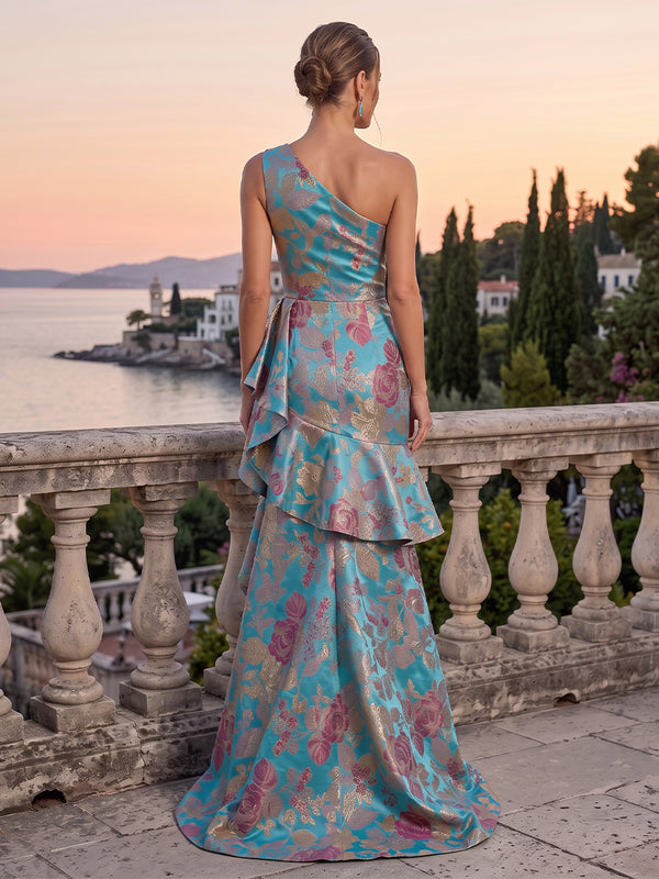 Jacquard Evening Dresses Sheath/Mermaid One Shoulder Sleeveless Floor Length Ruffles for Formal Gala