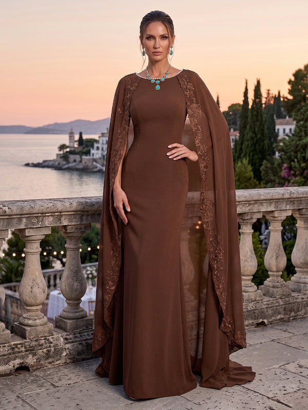 Satin Evening Dresses Sheath/Mermaid Scoop Sleeveless Floor Length with Cape Formal Dresses