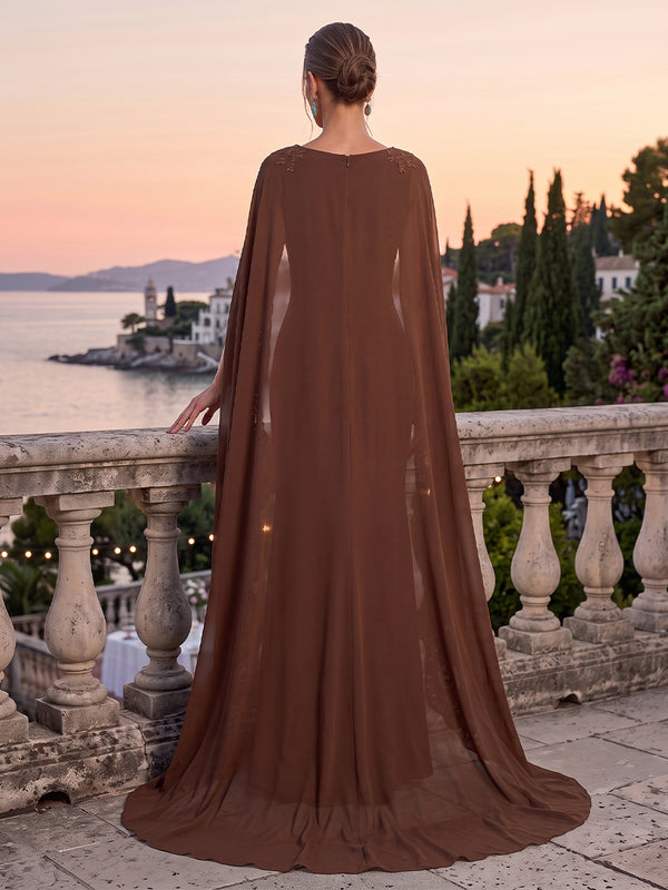 Satin Evening Dresses Sheath/Mermaid Scoop Sleeveless Floor Length with Cape Formal Dresses