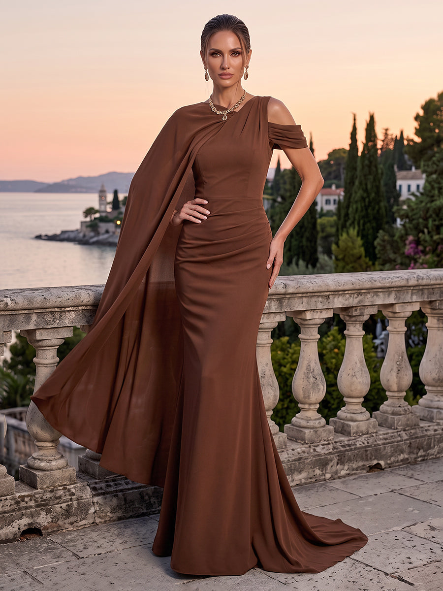 Satin Evening Dresses Sheath/Mermaid Scoop Neck Sleeveless Floor Length Ruched with Cape Formal Dress