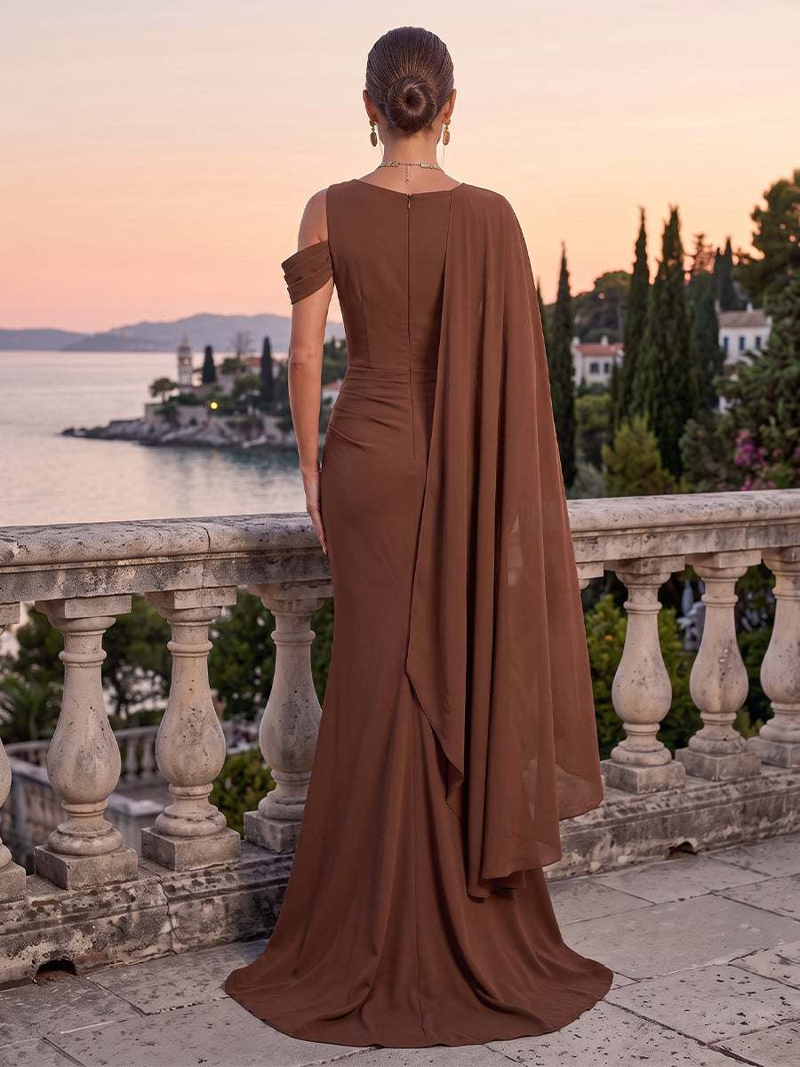 Satin Evening Dresses Sheath/Mermaid Scoop Neck Sleeveless Floor Length Ruched with Cape Formal Dress