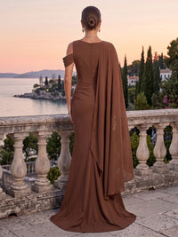 Satin Evening Dresses Sheath/Mermaid Scoop Neck Sleeveless Floor Length Ruched with Cape Formal Dress