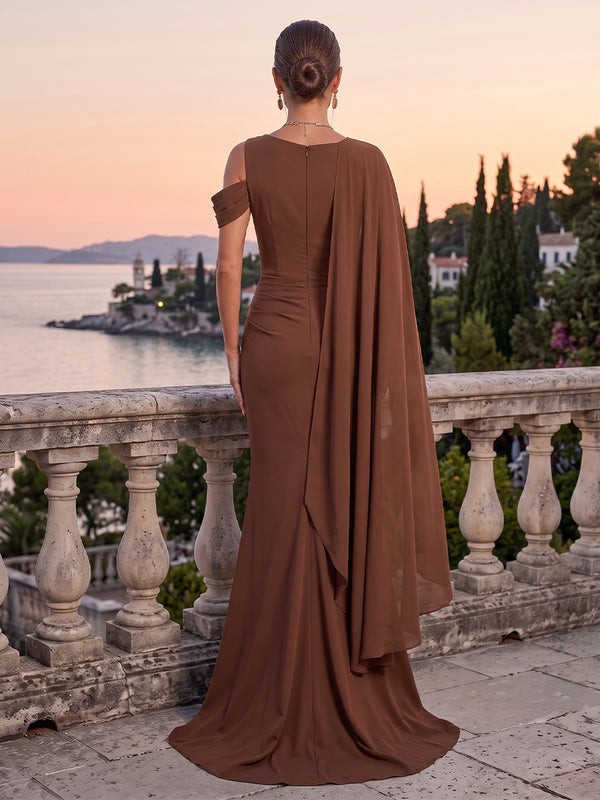 Satin Evening Dresses Sheath/Mermaid Scoop Neck Sleeveless Floor Length Ruched with Cape Formal Dress