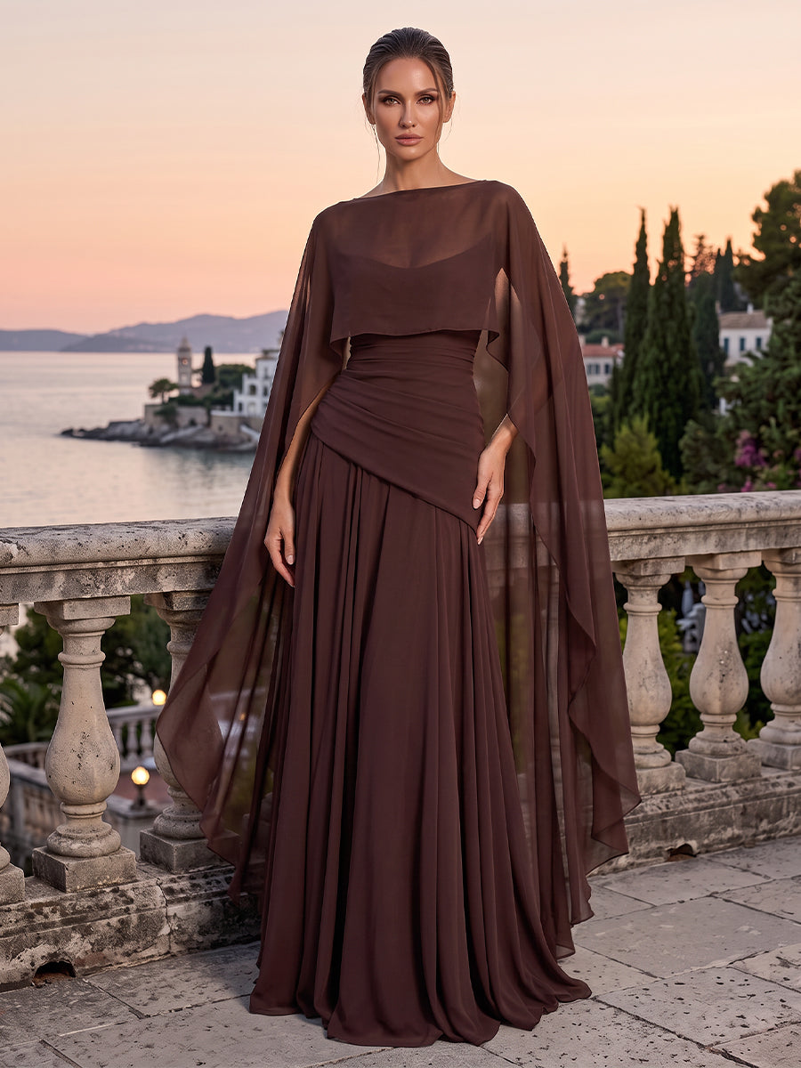Pleated Chiffon Evening Dresses Sheath/Mermaid Boat Neck Sleeveless Floor Length Ruched with Cape for Gala Formal Party