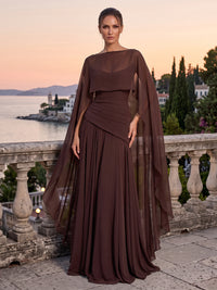 Pleated Chiffon Evening Dresses Sheath/Mermaid Boat Neck Sleeveless Floor Length Ruched with Cape for Gala Formal Party