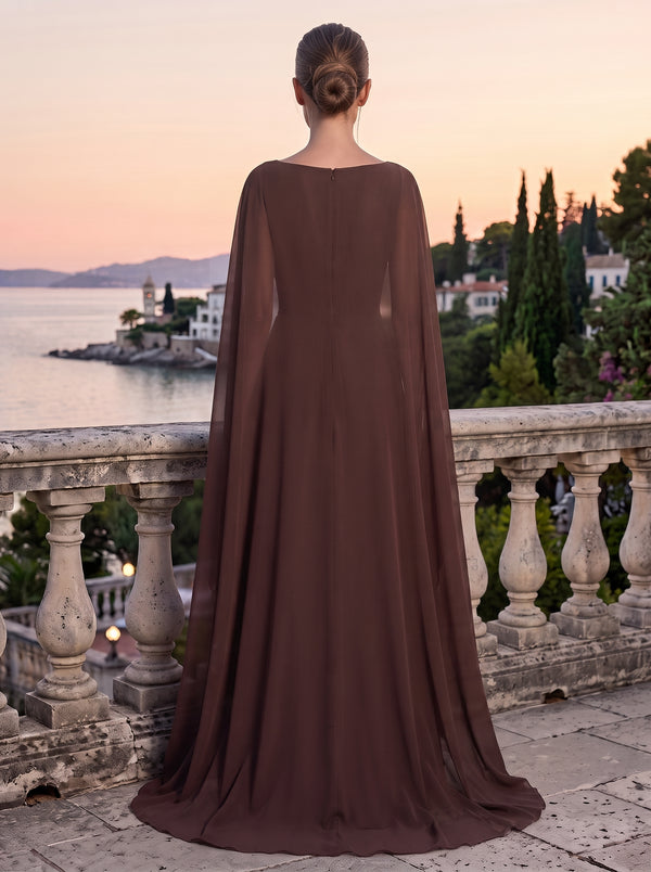 Pleated Chiffon Evening Dresses Sheath/Mermaid Boat Neck Sleeveless Floor Length Ruched with Cape for Gala Formal Party
