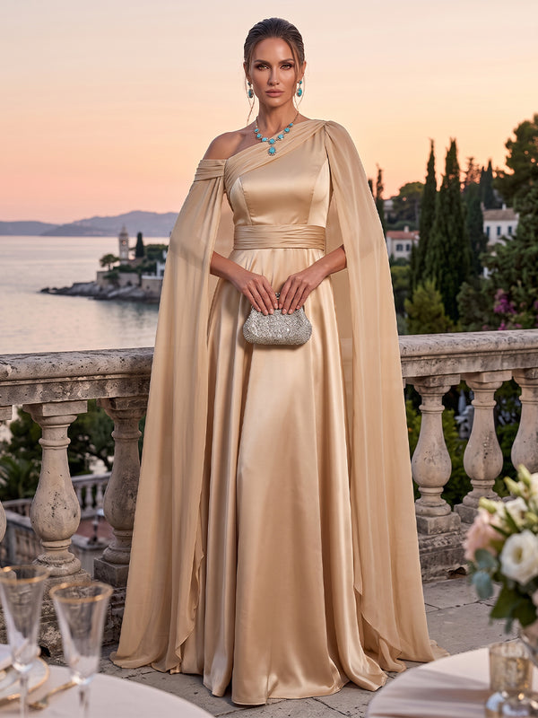 Satin Evening Dresses A Line One Shoulder Sleeveless Floor Length Ruched with Cape for Gala Party