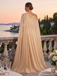 Satin Evening Dresses A Line One Shoulder Sleeveless Floor Length Ruched with Cape for Gala Party