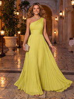 Pleated Chiffon Evening Dresses A Line One Shoulder Sleeveless Floor Length for Formal Gala