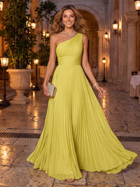 Pleated Chiffon Evening Dresses A Line One Shoulder Sleeveless Floor Length for Formal Gala