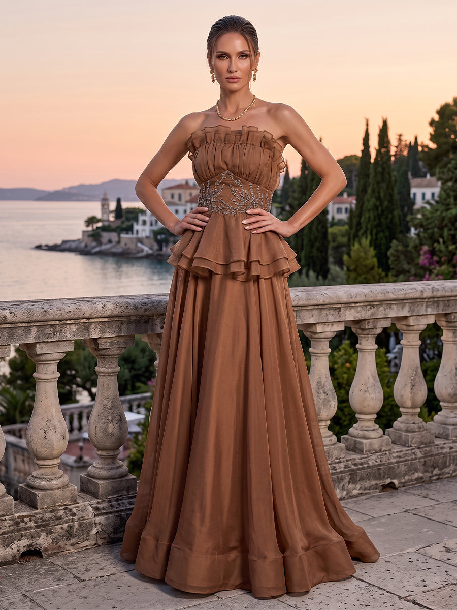 Chiffon Evening Dresses A Line Strapless Sleeveless Tiered Ruched Floor Length for Party Prom