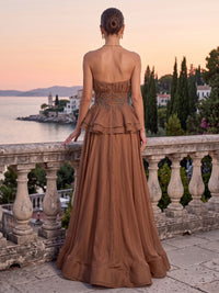 Chiffon Evening Dresses A Line Strapless Sleeveless Tiered Ruched Floor Length for Party Prom