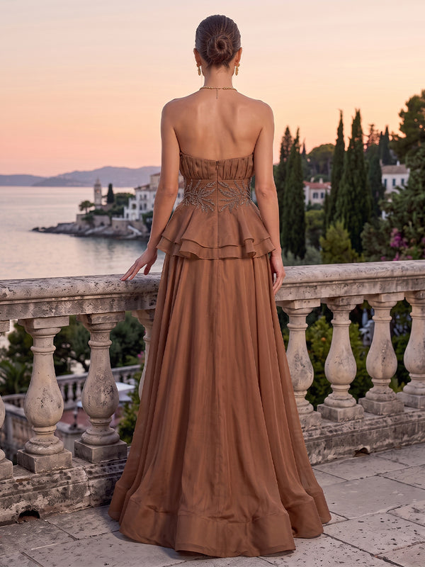 Chiffon Evening Dresses A Line Strapless Sleeveless Tiered Ruched Floor Length for Party Prom