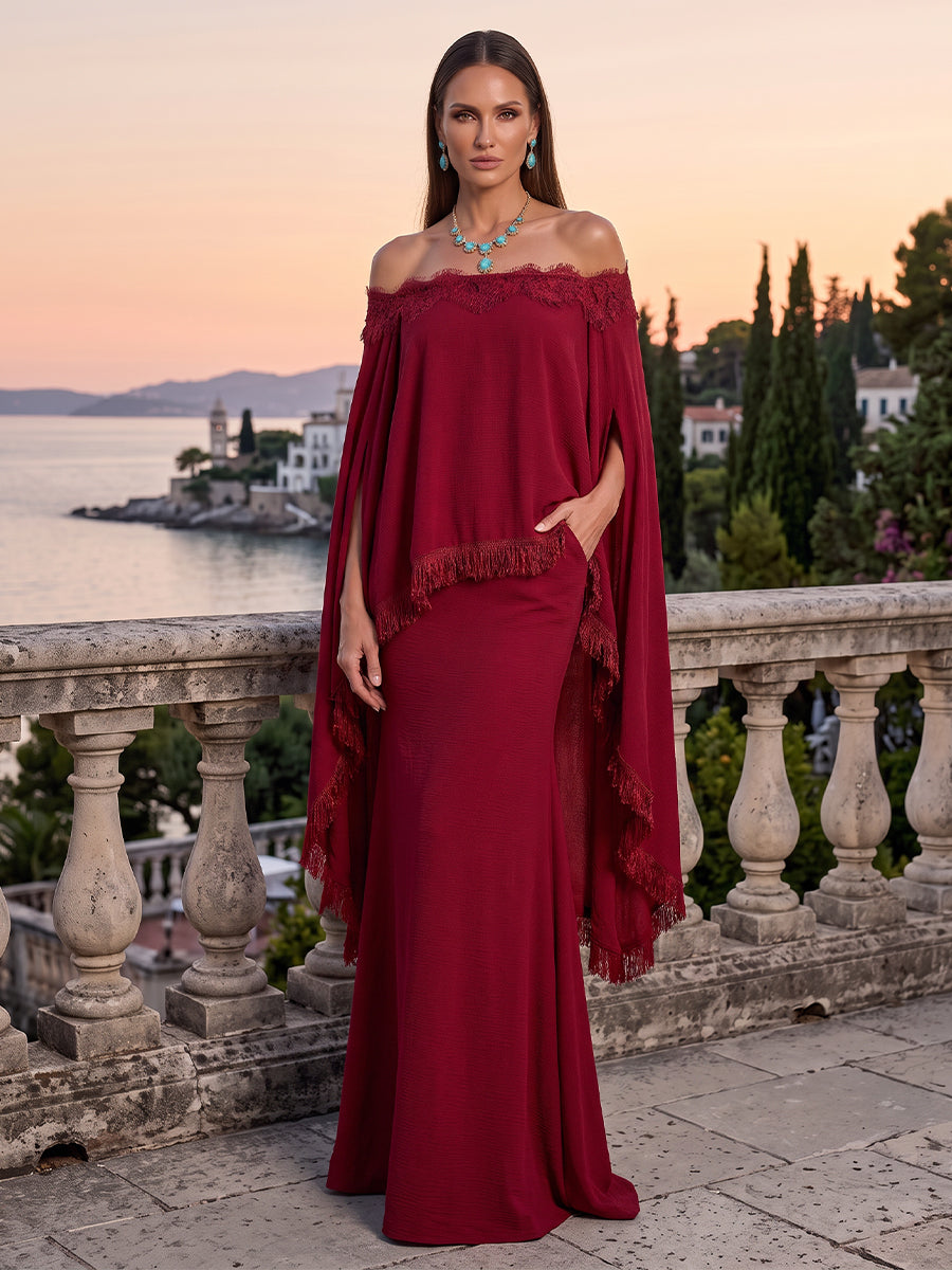 Satin Evening Dresses Mermaid Off the Shoulder Sleeveless Floor Length with Cape for Party Formal