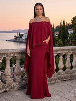 Satin Evening Dresses Mermaid Off the Shoulder Sleeveless Floor Length with Cape for Party Formal