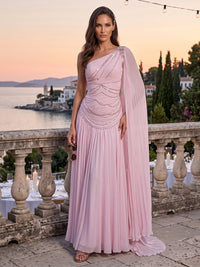 Pleated Chiffon Evening Dresses A Line One Shoulder Cape Sleeve Floor Length for Gala Formal Party