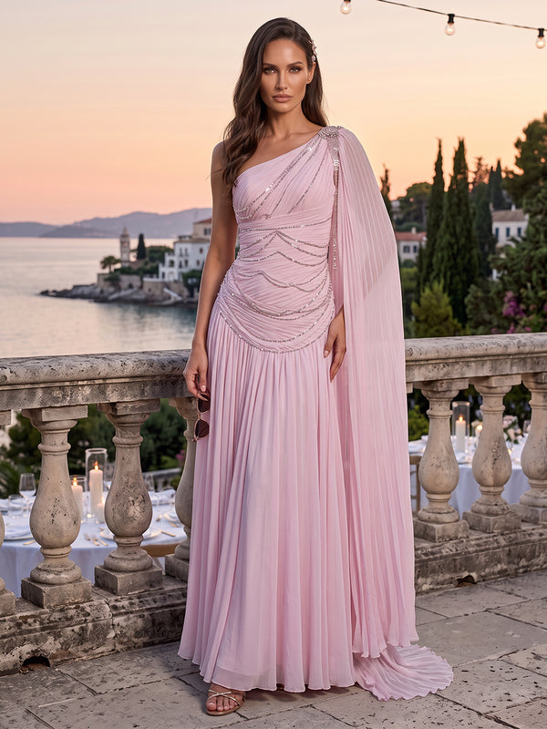 Pleated Chiffon Evening Dresses A Line One Shoulder Cape Sleeve Floor Length for Gala Formal Party