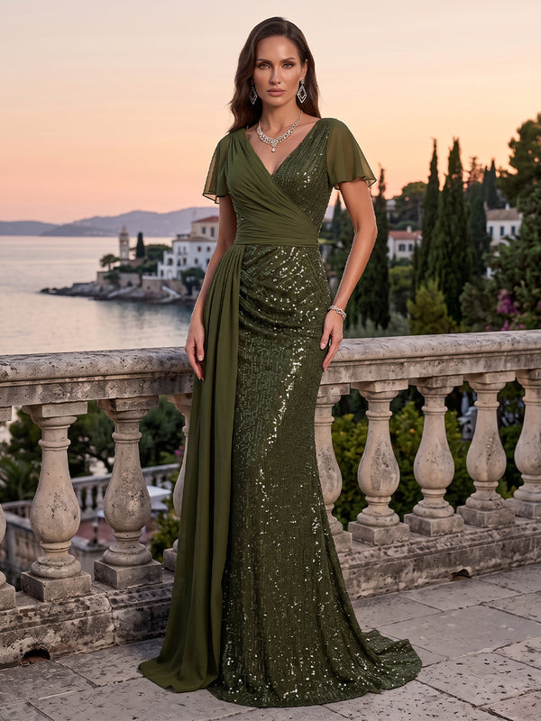 Sequin Evening Dresses Mermaid/Sheath V Neck Short Sleeves Floor Length Ruched for Formal Gala
