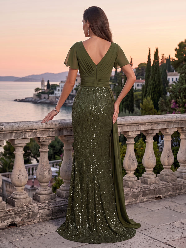 Sequin Evening Dresses Mermaid/Sheath V Neck Short Sleeves Floor Length Ruched for Formal Gala