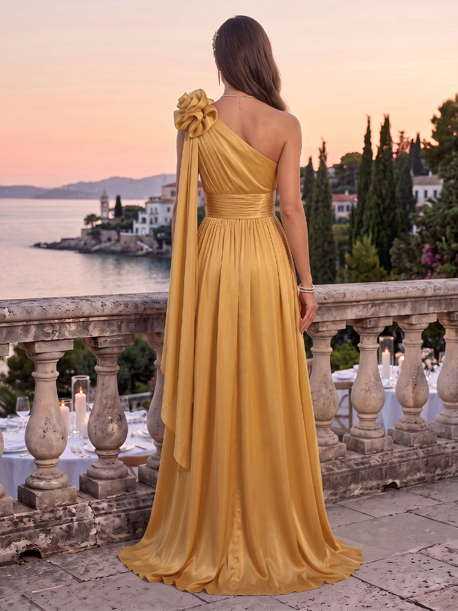 Chiffon Evening Dresses A Line One Shoulder Sleeveless Floor Length Ruched with Slit for Party Gala