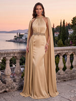 Satin Evening Dresses Sheath Halter Sleeveless Floor Length Ruched with Cape for Gala