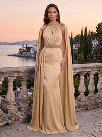 Satin Evening Dresses Sheath Halter Sleeveless Floor Length Ruched with Cape for Gala